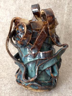 Vessel with handles, blue and amber