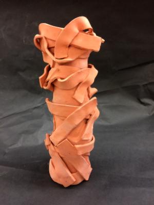 Ceramic sculpture tower, two cups and vase
